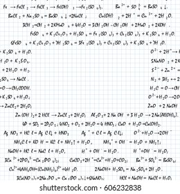 Chemical formulas drawn on a squared sheet of notebook. Vector illustration.