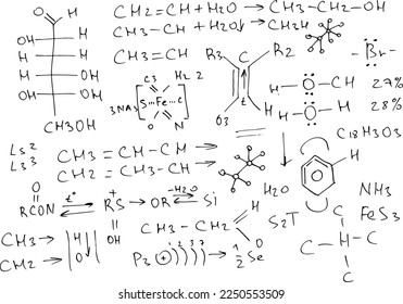 Chemical formulas and expressions. Vector scientific background. Handwritten on white..