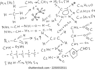 Chemical formulas and expressions. Vector scientific background. Handwritten on white..