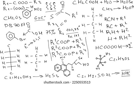 Chemical formulas and expressions. Vector scientific background. Handwritten on white..