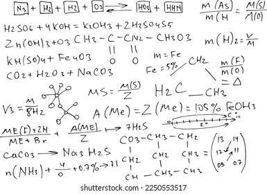 Chemical formulas and expressions. Vector scientific background. Handwritten on white..