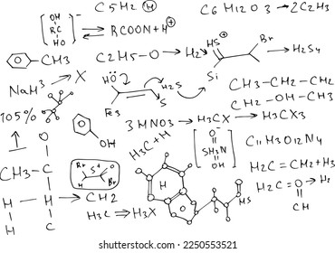 Chemical formulas and expressions. Vector scientific background. Handwritten on white..