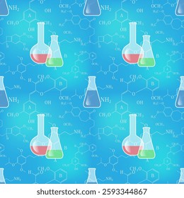 Chemical formulas and flasks on a light blue background. Seamless pattern, print, vector illustration