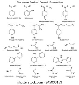 Chemical formulas of food and cosmetic preservatives: parabens, sorbic, benzoic, salicylic, formic, acetic, propionic acids, biphenyl, 2-phenylphenol, thiabendazole and others, vector, eps8