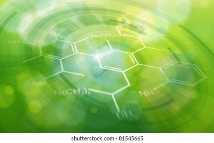 Chemical formulas & green ecology radial background - science illustration. Eps10