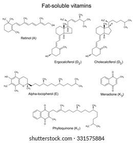 Chemical formulas of liposoluble vitamins - retinol, phylloquinone, menadione, tocopherol, cholecalciferol, ergocalciferol, 2d illustration, vector, eps 8, isolated on white background
