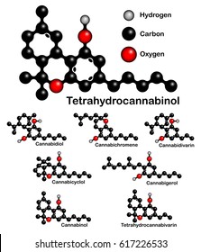 Chemical formulas of natural cannabinoids. Structural formulas of tetrahydrocannabinol, cannabinol, cannabidiol, cannabichromene, cannabidivarin, cannabicyclol, cannabigerol, tetrahydrocannabivarin.