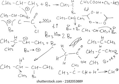 Chemical formulas. Scientific background on a white background. Hand-drawn.. Vector image.