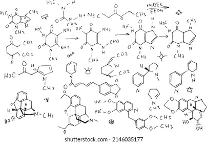 Chemische Formeln. Wissenschaftlicher, pädagogischer Hintergrund. Handgezeichnet. Vektorgrafik.