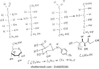 Chemical formulas. Scientific, educational background. Hand-drawn. Vector.