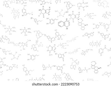 chemische Formeln. wissenschaftlicher, pädagogischer Hintergrund auf Weiß. handgezeichnet.