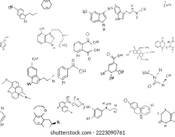 chemical formulas. scientific, educational background on white. hand drawn.