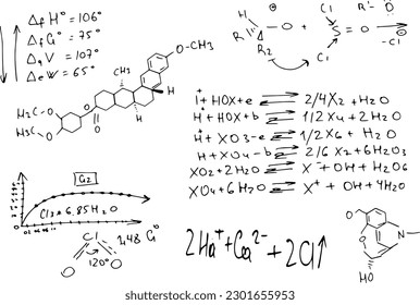 chemical formulas . the scientific educational background is hand-drawn on a whiteboard..