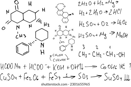 chemical formulas . the scientific educational background is hand-drawn on a whiteboard..