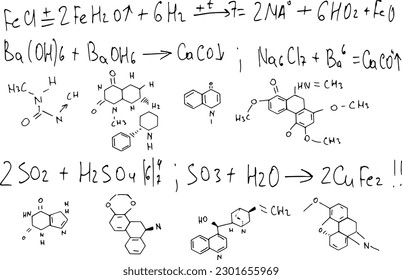 fórmulas químicas . los antecedentes científicos educativos se dibujan a mano en una pizarra.