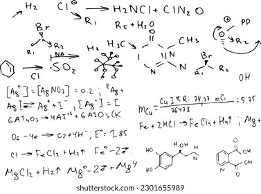 chemical formulas . the scientific educational background is hand-drawn on a whiteboard..