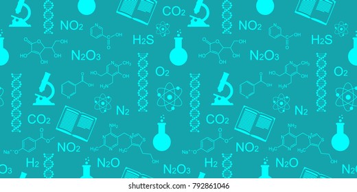 Chemical formulas seamless background, chemical laboratory icons in flat style. Vector illustration.
