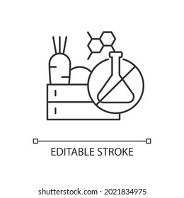 Chemical free food production linear icon. Toxic and gmo free products. No additives. Thin line customizable illustration. Contour symbol. Vector isolated outline drawing. Editable stroke