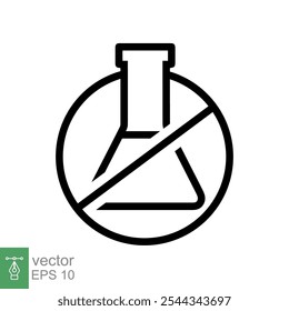 Ícone de química livre. Estilo de contorno simples. Ingrediente alimentar livre conservante, nenhum aditivo, conceito de produto orgânico. Balão triangular, erlenmeyer, sinal de proibição. Ilustração vetorial isolada. EPS 10.