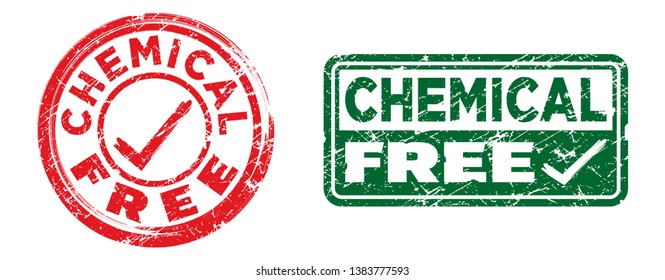 Chemical free stamps in red and green colors. Grunge texture. Vector illustration.