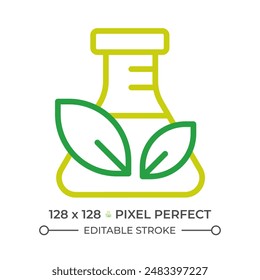 Chemical free two color line icon. Flask and leaves bicolor outline symbol. Non toxic product. Organic and natural symbol. Duotone linear pictogram. Isolated illustration. Editable stroke