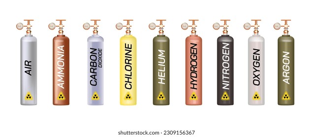 Chemical gas cylinders illustration. ammonia, carbon dioxide, chlorine, helium, hydrogen, nitrogen oxygen and argon gas cylinder. Noble gases cylinder images with color code.