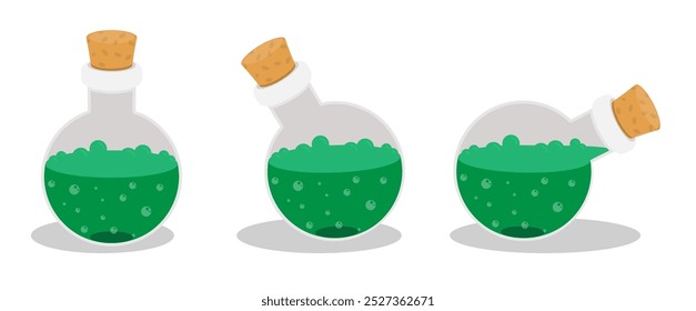 Chemical Glass bottle, test tube beaker with cork and green poisonous substance inside. Cartoon vector isolated on white background