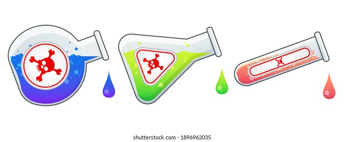 Chemical glass flasks of different forms with blue, green and pink dripping drops of poison liquids. White label with red skull and crossbones. Chemical weapon, acid or poison. Cartoon illustration.