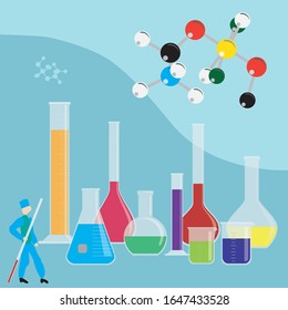 Chemical glass flasks. Different shapes - high, low, round, rectangular. They contain a multi-colored liquid.In the background (blue color) is a molecule. On the side of the trainee doctor.  Vector se - Powered by Shutterstock - Get 15% off with code: PIKWIZARD15