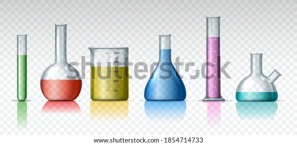 Chemical glass.\
Isolated chemist technology equipment, colorful beakers and flasks\
with chemicals vector illustration, fill tubes measuring and\
laboratory flask testing\
elements