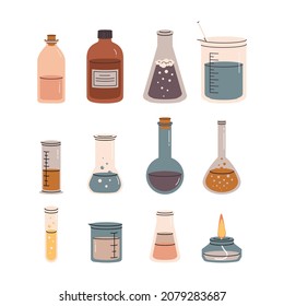 Cristalería química con soluciones coloridas brillantes aisladas en fondo blanco. Varios vasos, frascos, tubos de ensayo, botellas. Ciencia para los niños. Ilustración vectorial de moda plana.