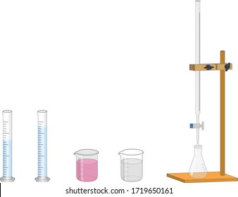 Chemical Glassware: burette, conical flask, holder, beaker, graduated cylinder. Vector Illustration.