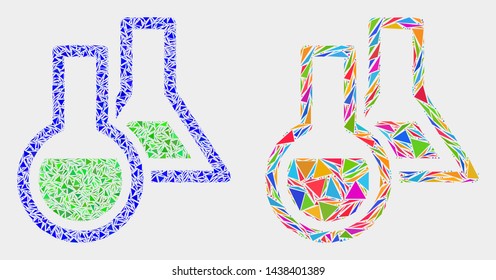 Chemical glassware collage icon of triangle items which have different sizes and shapes and colors. Geometric abstract vector illustration of chemical glassware.