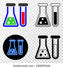 Chemical glassware EPS vector icon with contour, black and colored versions. Illustration style is flat iconic symbol on chess transparent background.