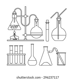 chemical glassware icons set. The test tube beaker flask stand, burner