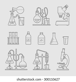 chemical glassware icons set. The test tube beaker flask