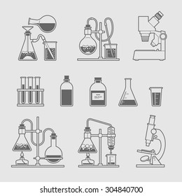 chemical glassware icons set. The test tube beaker flask