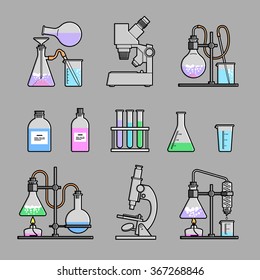 chemical glassware icons set. The test tube beaker flask