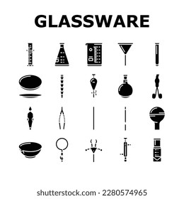 chemical glassware laboratory icons set vector. lab chemistry, glass science, research experiment, test equipment, medical flask chemical glassware laboratory glyph pictogram Illustrations