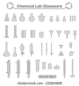 Chemical glassware tools, 40 icons isolated on white background, 2d Illustration, vector, eps 8