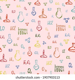Chemical hand drawn pattern, medical background.Colorful elements on the pink background.Great for fabrics, wallpaper,packaging.