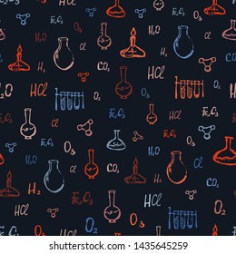Chemical hand drawn seamless pattern, medical background.Flasks, chemical elements, burner. Colorful elements on the chalky background.Great for fabrics, wallpaper,packaging.
