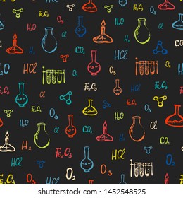 Chemical hand drawn seamless pattern, medical background.Flasks, chemical elements, burner. Colorful elements on the chalky gray background.Great for fabrics, wallpaper, packaging.