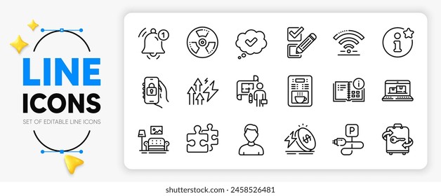 Chemical hazard, Approved and Charging parking line icons set for app include Instruction info, Puzzle, Reminder outline thin icon. Energy inflation, Furniture, Info pictogram icon. Vector