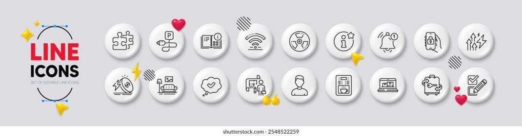 Chemical hazard, Approved and Charging parking line icons. White buttons 3d icons. Pack of Instruction info, Puzzle, Reminder icon. Energy inflation, Furniture, Info pictogram. Vector