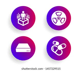 Chemical hazard, Augmented reality and Mini pc icons simple set. Halftone dots button. Capsule pill sign. Toxic, Virtual reality, Computer. Medicine drugs. Science set. Vector