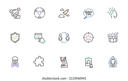 Chemical hazard, Brainstorming and Confirmed line icons for website, printing. Collection of Event click, Star target, Inclusion icons. Drums, Inspect, Puzzle web elements. Group. Vector