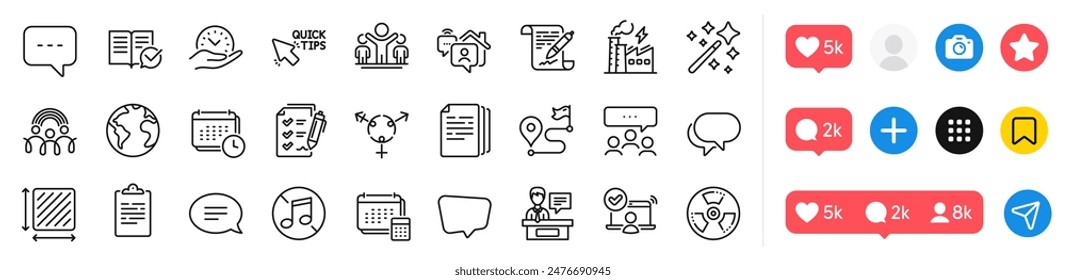 Chemical hazard, Journey and Online access line icons pack. Social media icons. Work home, Talk bubble, Account web icon. Chat, Safe time, Magic wand pictogram. Vector