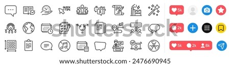 Chemical hazard, Journey and Online access line icons pack. Social media icons. Work home, Talk bubble, Account web icon. Chat, Safe time, Magic wand pictogram. Vector