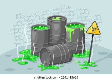 Chemical hazard materials. Radioactive waste substances. Liquid environmental poison. Contamination storage. Toxic leaking barrels. Biohazard caution sign. Vector garish illustration